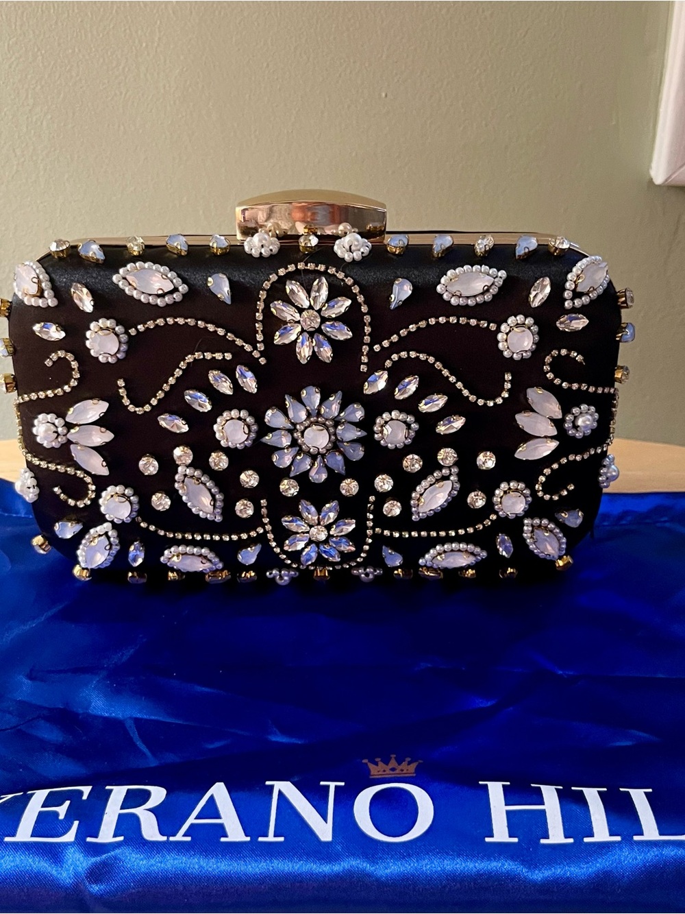 Embellished Black Evening Clutch with Crystal Floral Accents